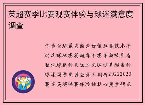 英超赛季比赛观赛体验与球迷满意度调查